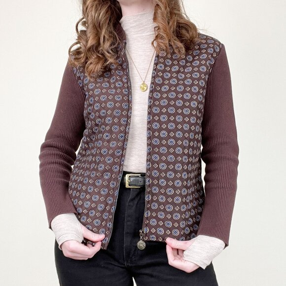 Vintage Quilted Floral Print Jacket Coat Knit Cardigan Sweater Preppy 90s Y2K - Picture 1 of 7